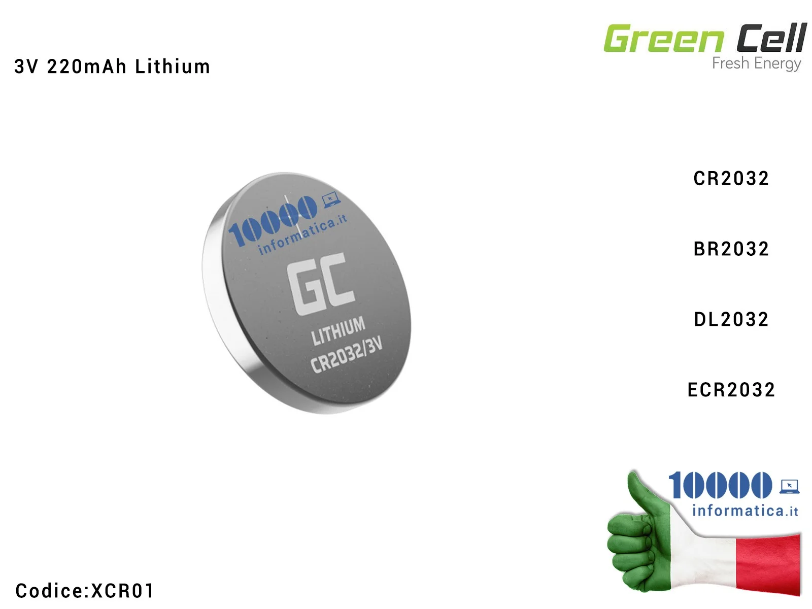 XCR01 Batteria Tampone RTC CMOS Bios Orologio CR2032 ECR2032 DL2032 GREEN CELL 3V 220mAh Lithium