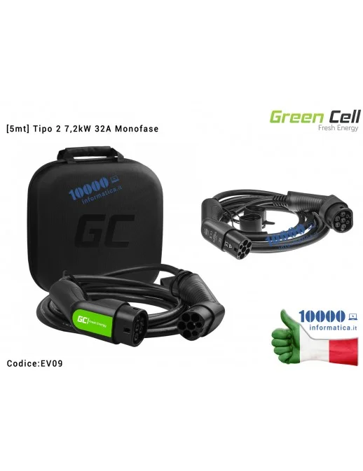 EV09 Cavo di ricarica Hybrid EV PHEV Green Cell [5mt] Tipo 2 7,2kW 32A Monofase per veicoli elettrici Tesla Leaf Ioniq Kona E...