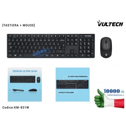 KM-831W Kit Tastiera e Mouse Wireless Slim Vultech KM-831W 1600DPI Regolabili 2,4GHz