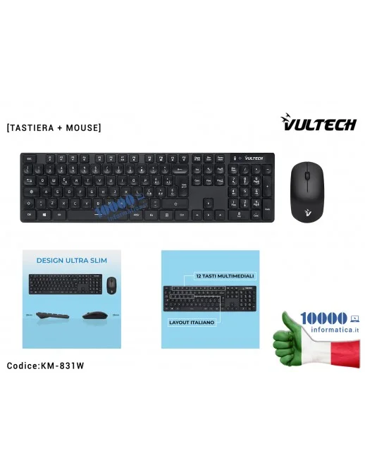 KM-831W Kit Tastiera e Mouse Wireless Slim Vultech KM-831W 1600DPI Regolabili 2,4GHz