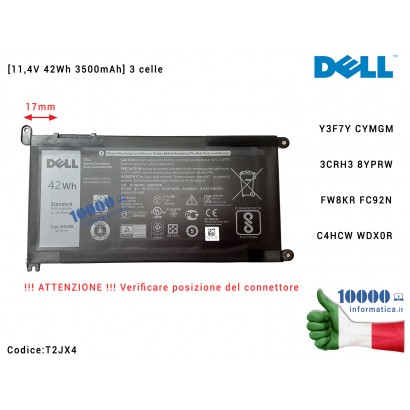 T2JX4 Batteria Originale DELL Inspiron 17 3000 5770 Latitude 3580 3480 3379 [11,4V 42Wh 3500mAh] 3 celle T2JX4 0T2JX4 CN-0T2J...