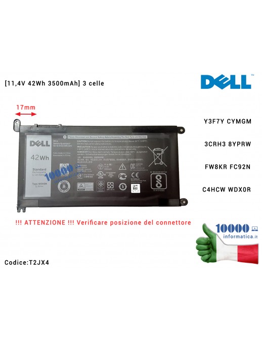 T2JX4 Batteria Originale DELL Inspiron 17 3000 5770 Latitude 3580 3480 3379 [11,4V 42Wh 3500mAh] 3 celle T2JX4 0T2JX4 CN-0T2J...