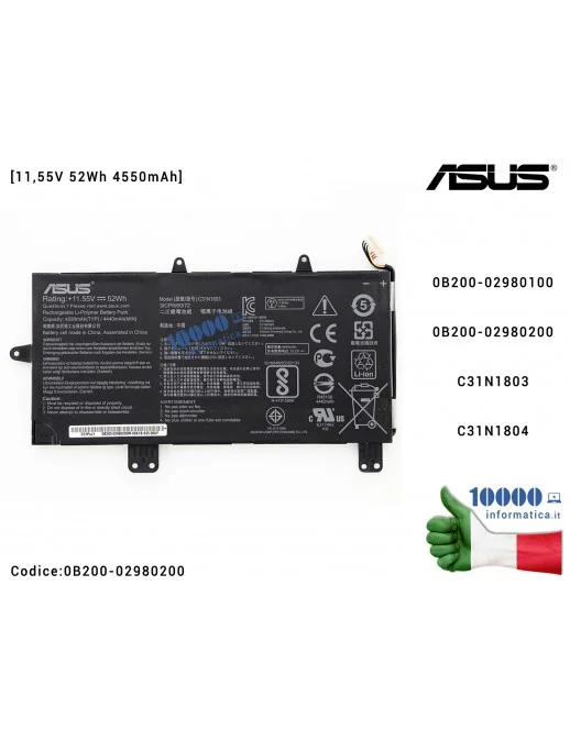 0B200-02980200 Batteria C31N1803 ASUS ZenBook Pro UX450 UX450F UX450FD UX480F UX480FD UX450FDX [11,55V 52Wh 4550mAh] C31N1804...