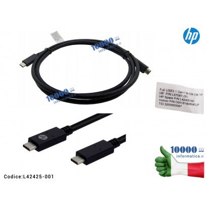 L42425-001 Cavo HP USB-C 3.1 Gen1 20V 5A 100W 1.8m ORIGINALE HP L42425-001 ALTE PRESTAZIONI Full USB 3.1 Gen1 5A L07087-001 D...