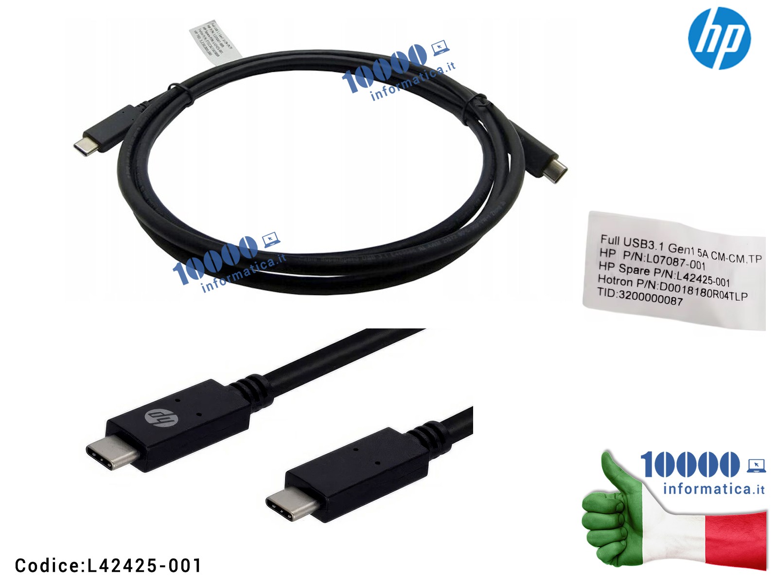 L42425-001 Cavo HP USB-C 3.1 Gen1 20V 5A 100W 1.8m ORIGINALE HP L42425-001 ALTE PRESTAZIONI Full USB 3.1 Gen1 5A L07087-001 D...