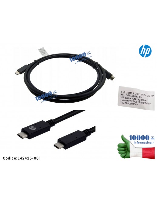 L42425-001 Cavo HP USB-C 3.1 Gen1 20V 5A 100W 1.8m ORIGINALE HP L42425-001 ALTE PRESTAZIONI Full USB 3.1 Gen1 5A L07087-001 D...