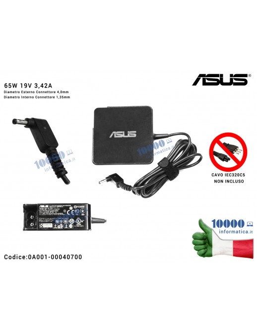 0A001-00040700 Alimentatore ASUS 65W 19V 3,42A [4,0 x 1,35 mm] (SENZA PLUG) ZenBook UX32V UX32VD UX302L UX302LA UX21A UX31A U...