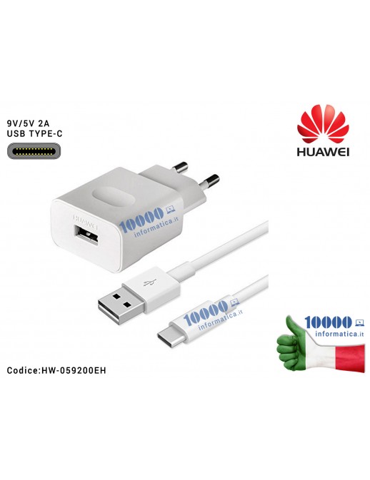 02452156 Alimentatore Carica Batteria USB HUAWEI 18W 9V 2A + Cavo Type C [BIANCO] (HW-059200EHQ) Ricarica Veloce Fast Charge ...