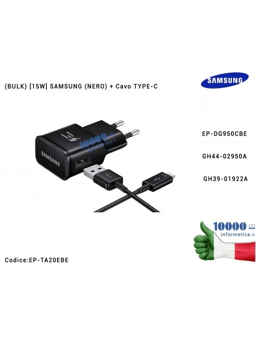 EP-TA20EBE Caricabatterie USB (BULK) [15W] SAMSUNG (NERO) e Cavo TYPE-C EP-TA20EBE Galaxy S8 S8 Plus SM-G950F SM-G955F EP-DG9...
