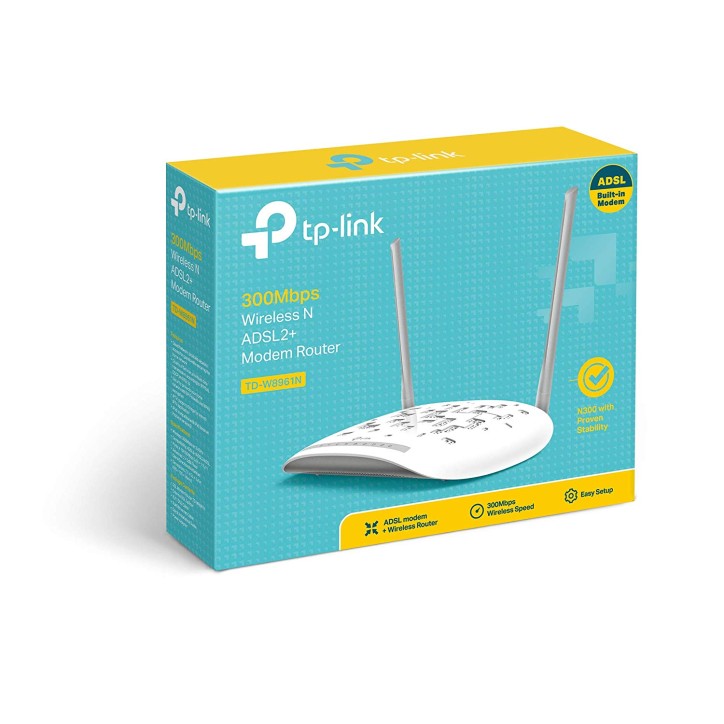 TP-Link TD-W8961N Modem Router ADSL2+, Wireless N300 Mbps, 4 Porte Fast Ethernet, Incluso Filtro ADSL/RJ11, Cavo DSL/RJ45, Cavo 