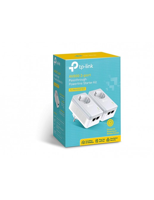 TP-LINK TL-PA4020P KIT Nano Powerline AV600 con 2 Porte Ethernet e Presa Passante Schuko, fino a 600 Mbps e 300 Metri di Copertu