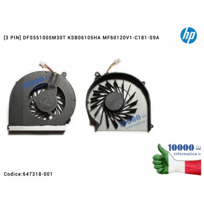 Ventola di Raffreddamento Fan CPU HP Compaq Presario CQ43 CQ57 430 431 435 630 [3 PIN] DFS551005M30T KSB06105HA MF60120V1-C181-S