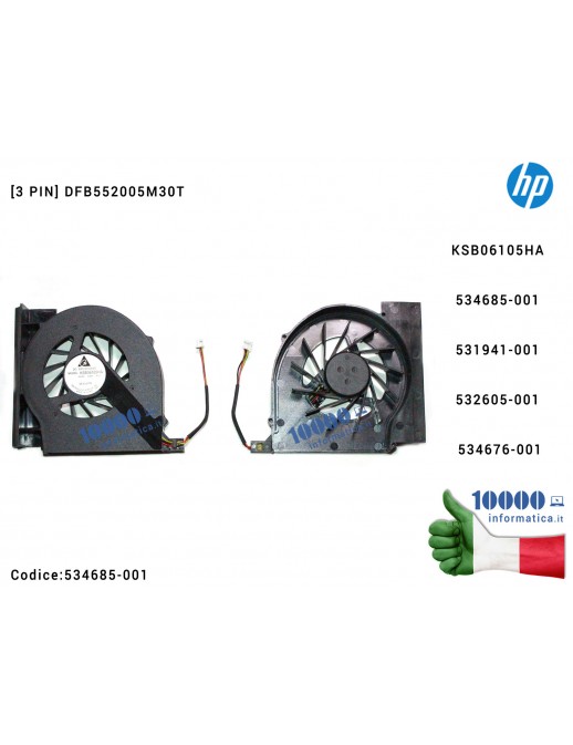 Ventola di Raffreddamento Fan CPU HP Compaq Presario CQ61 CQ70 CQ71 G61 G71 [3 PIN] DFB552005M30T F8Q6 KSB06105HA 8K35 534685-00