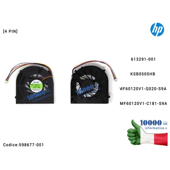 Ventola di Raffreddamento Fan CPU HP Probook 4520S 4525S 4720S [4 PIN] 613291-001 KSB0505HB MF60120V1-Q020-S9A MF60120V1-C181-S9