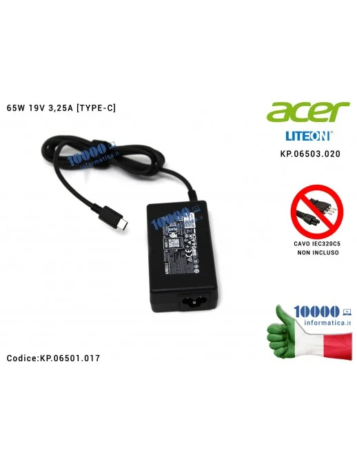 KP.06501.017 Alimentatore ACER 65W 19V 3,25A [TYPE-C] Aspire Swift SF514-55 SF514-55T SF514-55GT SF514-55TA (USB-C) KP.06503....