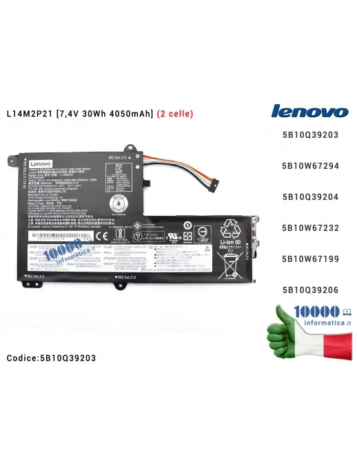 5B10Q39203 Batteria L14M2P21 [2 celle] LENOVO IdeaPad 330S-14IKB (81F4) (81F5) (81JM) [7,4V 30Wh 4050mAh] 5B10W67294 5B10Q392...