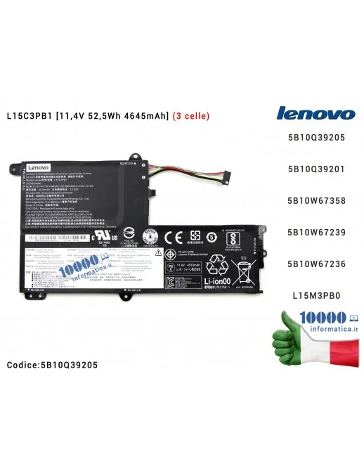 5B10Q39205 Batteria L15C3PB1 [3 celle] LENOVO IdeaPad 330S-14IKB (81F4) (81F5) (81JM) [11,4V 52,5Wh 4645mAh] 5B10Q39201 5B10W...