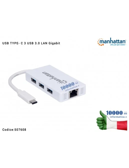 507608 Hub USB-C TYPE-C 3 porte USB 3.0 con Adattatore Ethernet LAN RJ45 1 Gigabit MANHATTAN