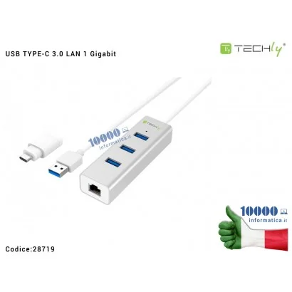 28719 Hub USB-C TYPE-C 3 porte USB 3.0 con Adattatore Ethernet LAN RJ45 1 Gigabit TECHLY