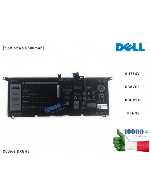 DXGH8 Batteria DXGH8 DELL XPS 13 9370 9380 Inspiron 13 3301 5390 7390 Vostro 13 5390 [7,6V 52Wh 6500mAh] 0H754V 0G8VCF 0DGV24...