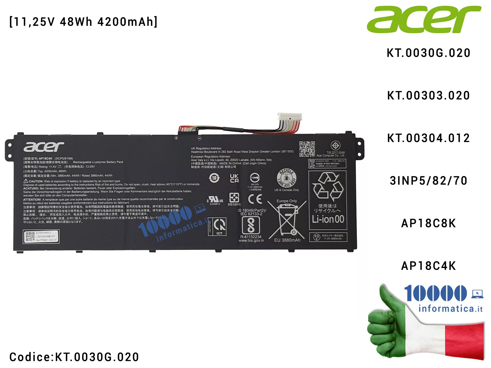 KT.0030G.020 Batteria AP18C8K ACER Aspire 5 A514-53 A514-53G A515-43 A515-44 A515-44 A515-44G SF314-58 [11,25V 48,85Wh 4343mA...