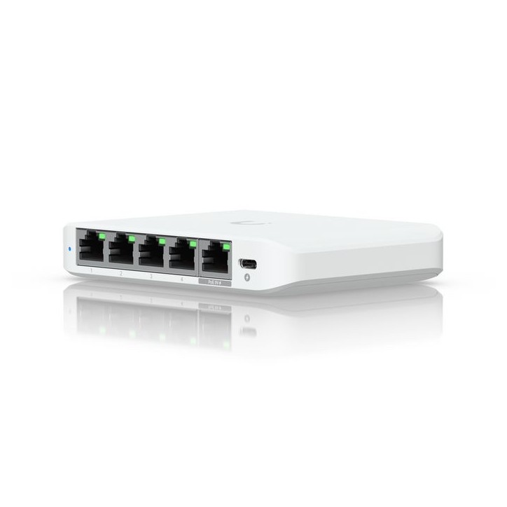 USW-FLEX-2.5G-5 Ubiquiti 5x 1/2.5 GbE RJ45, 25 Gbps, 18.6 Mpps, 12.5 Gbps throughput, DC 5V/1A/5W, PoE 44-57V/6.4W, -20 - 45°C, 