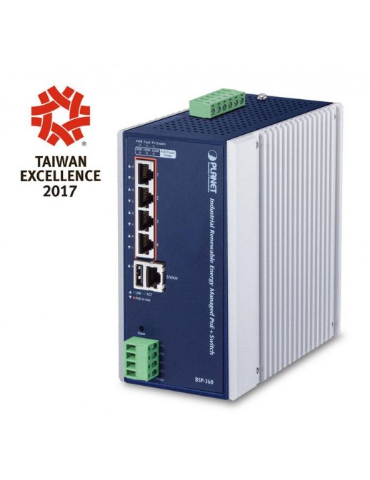 BSP-360 BSP-360 Planet Industrial Renewable Power 5-Port Gigabit Managed Switch/Router with 4-Port 802.3at PoE+ NONE - Only u...