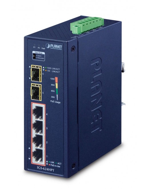 IGS-624HPT IGS-624HPT Planet 4 x 10/100/1000Base-T RJ-45 TP, 2 x SFP interfaces, IP30 aluminum metal case, 152 x 107 x 72 mm,...