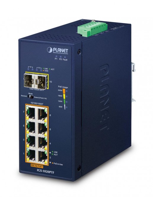 IGS-1020PTF IGS-1020PTF Planet Industrial 8-Port 10/100/1000T 802.3at PoE + 2-Port 100/1000X SFP Ethernet Switch (-40~75 degr...