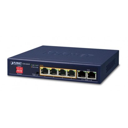 GSD-604HP GSD-604HP Planet 4-Port 10/100/1000T 802.3at PoE, 2-Port 10/100/1000T, 12 Gbps, 8.92Mpps, 55W, 374 g 9000