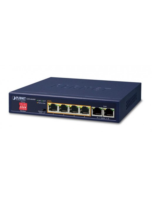 GSD-604HP GSD-604HP Planet 4-Port 10/100/1000T 802.3at PoE, 2-Port 10/100/1000T, 12 Gbps, 8.92Mpps, 55W, 374 g 9000