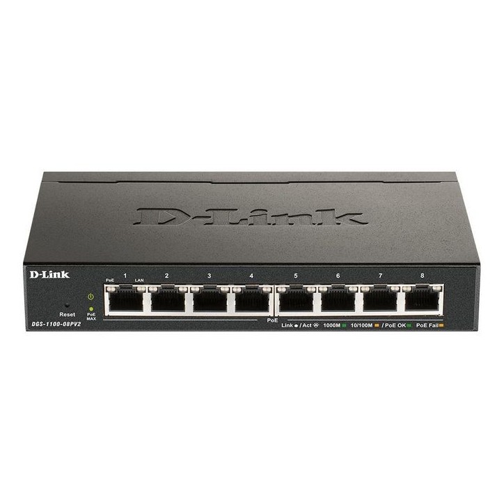 DGS-1100-08PV2/E D-Link 8-Port PoE Gigabit Smart Managed Switch cUL, CE LVD, CB, BSMI/FCC Class B, CE Class B, VCCI Class B, BSM
