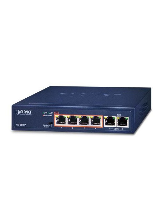 FSD-604HP-SD FSD-604HP-SD Planet 4-Port 10/100TX 802.3af/at PoE + 2-Port 10/100TX Desktop Switch (60 Watts) FSD-604HP CE, FCC