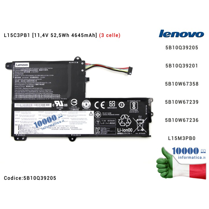Batteria L15C3PB1 [3 celle] LENOVO IdeaPad 330S-14IKB (81F4) (81F5) (81JM) [11,4V 52,5Wh 4645mAh] 5B10Q39201 5B10W67358 5B10W672