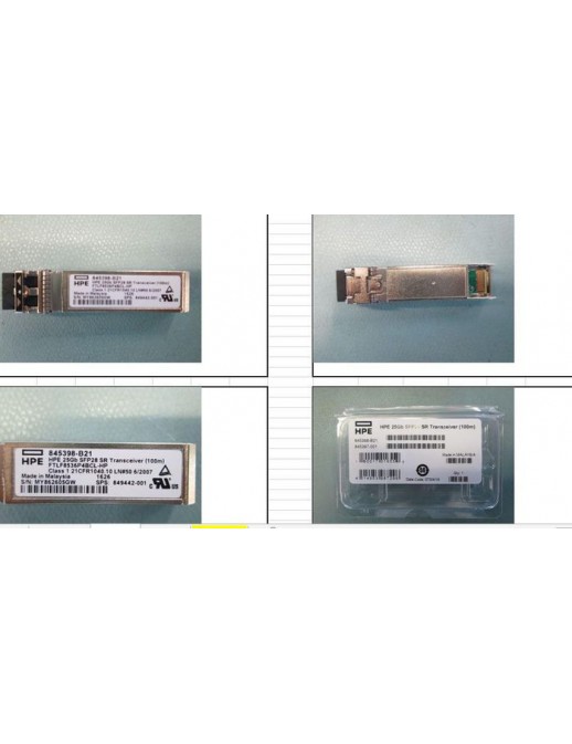 849442-001 849442-001 HPE Hewlett Packard Enterprise 25Gb SFP28 transceiver module, Short Reach (SR), 850nm wavelength, multi...