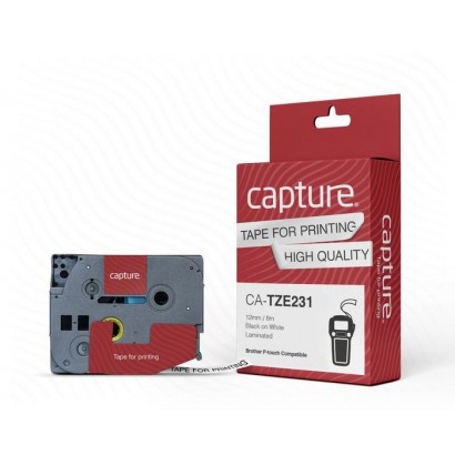 CA-TZE231 CA-TZE231 Capture TZE231 P-Touch compatible 12mm x 8m Black on White Tape TZE231 Acrylic