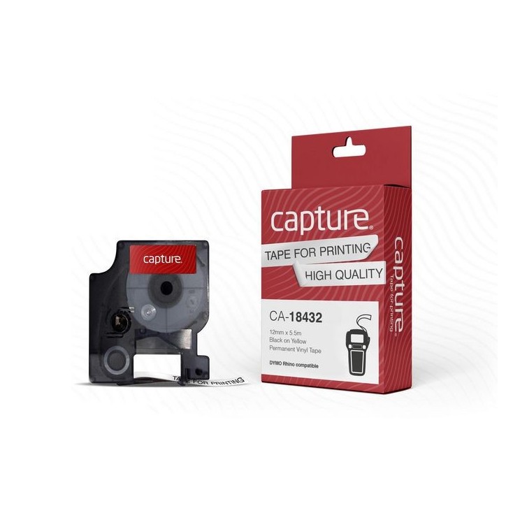 CA-18432 Capture 18432 Rhino compatible 12mm x 5.5m Black on Yellow Permanent Vinyl Tape 18432 DYMO