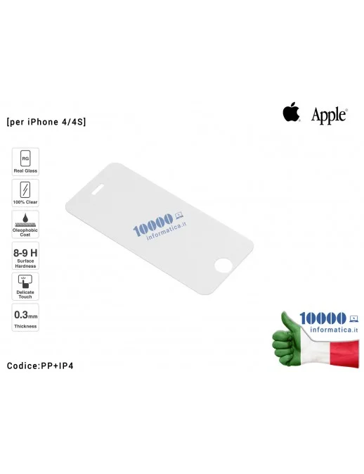 PP+IP4 Pellicola in Vetro Temperato 9H 0,33mm per APPLE iPhone 4/4S