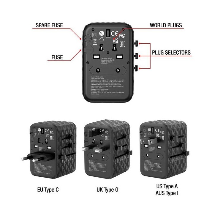 32120 Verbatim UTA-05 65W GaN III - Adattatore da viaggio universale UTA‑05 65 W, con 2 porte USB‑A e 2 porte USB-C, caricatore 