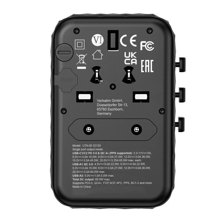 32120 Verbatim UTA-05 65W GaN III - Adattatore da viaggio universale UTA‑05 65 W, con 2 porte USB‑A e 2 porte USB-C, caricatore 