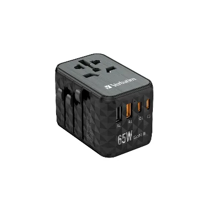 32120 32120 Verbatim UTA-05 65W GaN III - Adattatore da viaggio universale UTA‑05 65 W, con 2 porte USB‑A e 2 porte USB-C, ca...