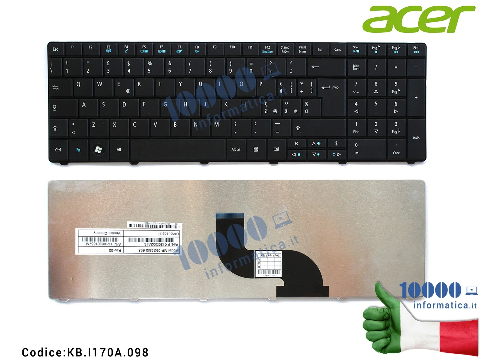 KB.I170A.098 Tastiera Italiana ACER TravelMate 8531 8571 5740 7740 8572 8572G KB.I170A.214 MP-09G36I0-6981WMP-09G36I0-698 PK1...
