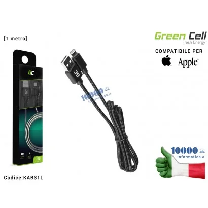 KAB31L Cavo USB a Lightning Green Cell [1 metro] Compatibile per APPLE iPhone 5/5C/5S/SE/6/6S/7/8/X/XS/XR/11/11 Pro iPad Mini...