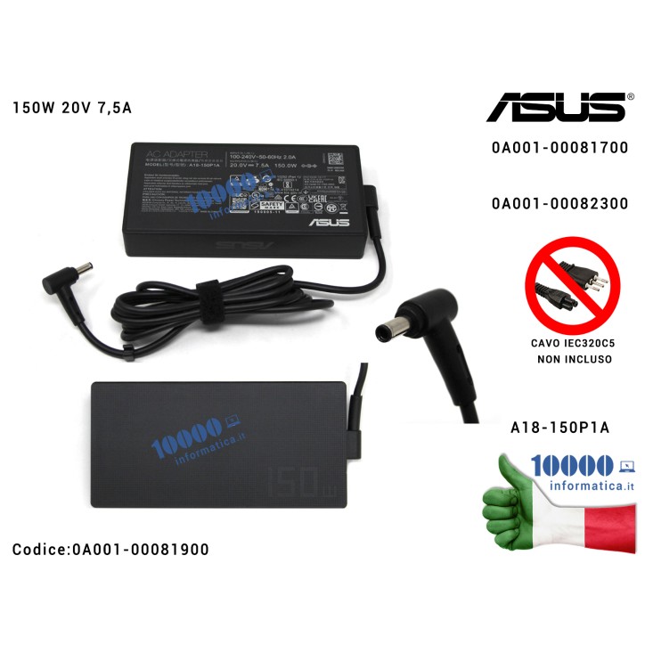 Alimentatore ASUS 150W 20V 7,5A [4,5 x 3,0 mm] VivoBook 15 X571GT X571GD F571GT F571GD ASUSTEK RX571GT (NERO) A18-150P1A ADP-150