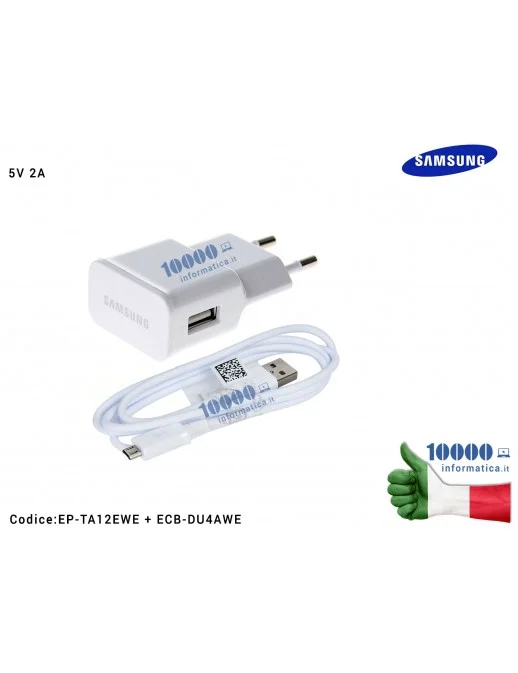 Alimentatore Carica Batteria USB + Cavo Dati microUSB SAMSUNG [10W 5V 2A / 15W 9V 1,67A] [BIANCO] EP-TA12EWE ECB-DU4AWE EP-TA20E