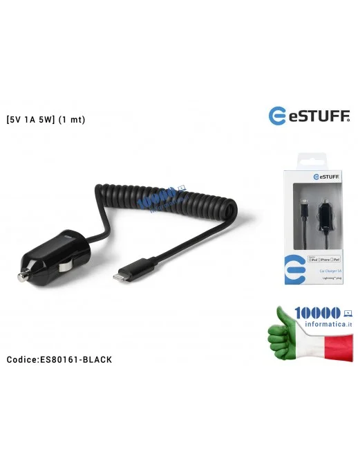 Alimentatore da Auto Lightning [5V 1A 5W] eSTUFF [NERO] (1 mt) Caricabatteria Apple iPhone 6 7 5 5C 5S 6 Plus 6s 6s Plus 7 Plus 