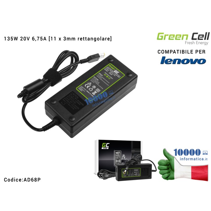 Alimentatore Green Cell PRO 135W 20V 6,75A [rettangolare] IdeaPad Y50-70 Y70 Y70-70 Y520 Y700 Z710 700-15ISK 700-17ISK ThinkPad 