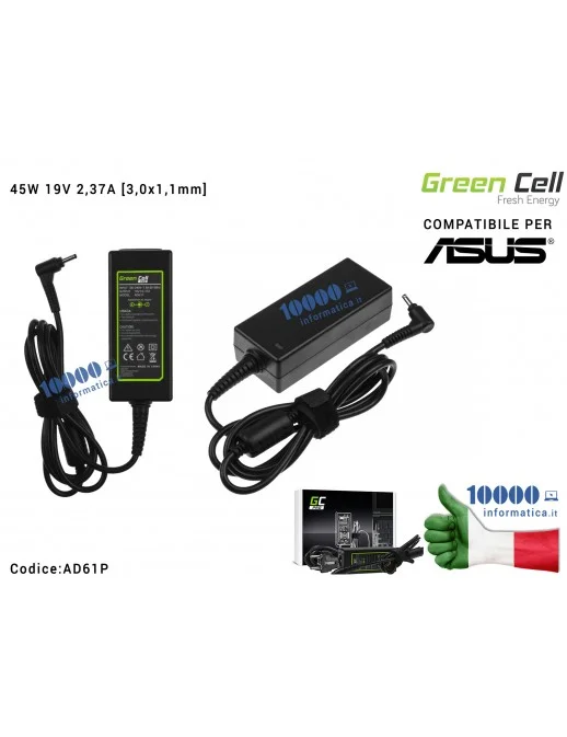 Alimentatore Green Cell PRO 45W 19V 2,37A [3,0x1,1mm] Compatibile per ASUS ZenBook UX21 UX21A UX21E UX31 UX31E C23-UX21