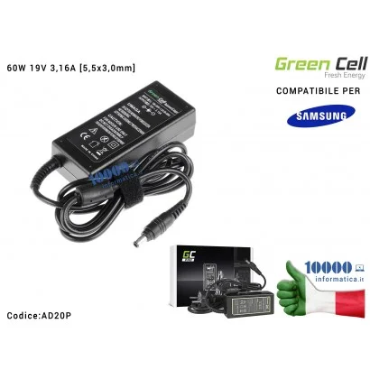 Alimentatore Green Cell PRO 60W 19V 3,16A [5,5x3,0mm] Compatibile per SAMSUNG RV511 R505 R510 R519 R520 R522 R530 R540 R580 R720