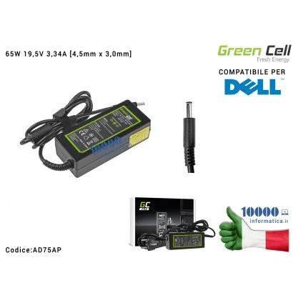 Alimentatore Green Cell PRO 65W 19,5V 3,34A [4,5mm x 3,0mm] Compatibile per DELL Inspiron 15 3543 3558 3559 5552 5558 5559 5568 